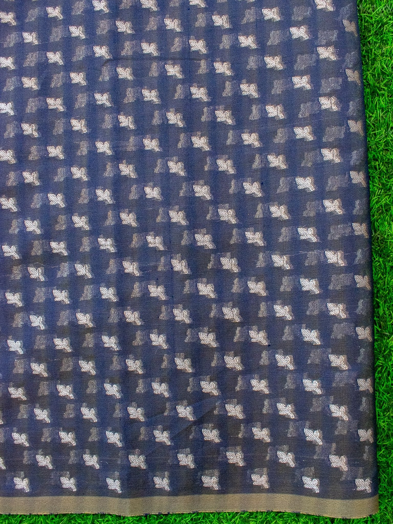 Banarasi Kora Saree With Silver Zari Buti Weaving & Floral Border-Grey
