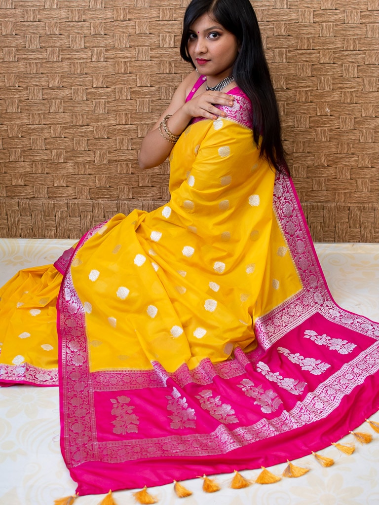 Banarasi Semi Chiffon Saree Silver Zari Buti Weaving & Contrast Border-Yellow & Pink