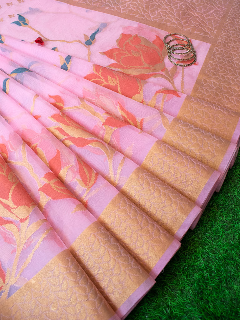 Banarasi organza Saree With Zari & Resham Floral Weaving-Pink