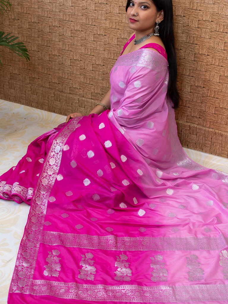 Banarasi Dual Shade Semi Chiffon Saree Silver Zari Buti Weaving-Pink