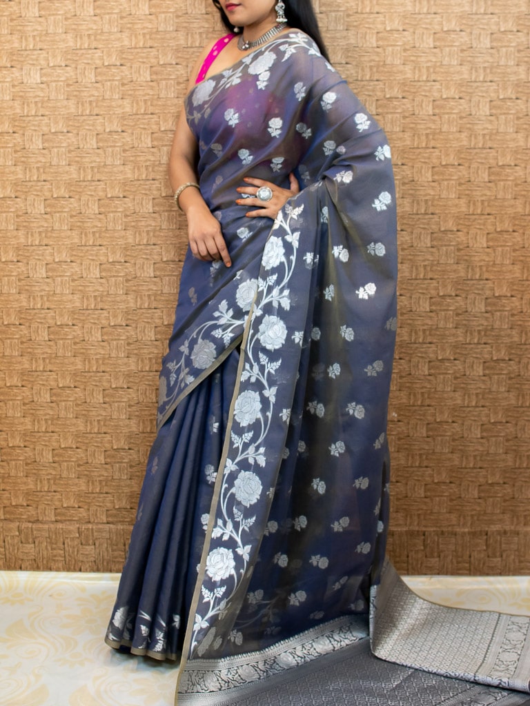 Banarasi Kora Saree With Silver Zari Buti Weaving & Floral Border-Grey