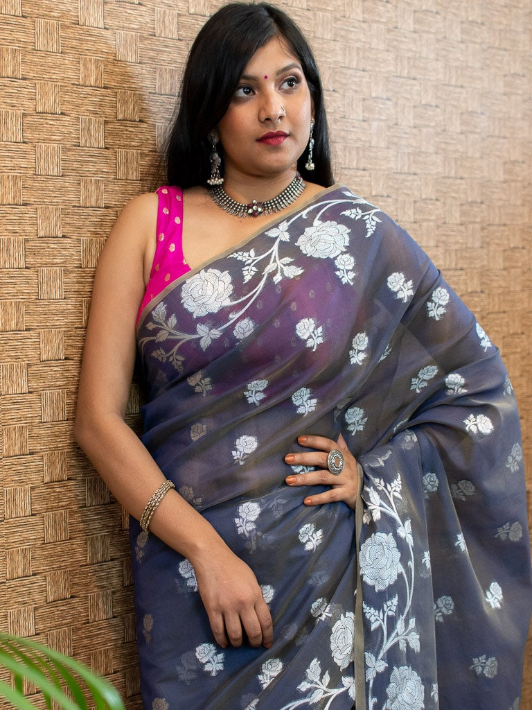 Banarasi Kora Saree With Silver Zari Buti Weaving & Floral Border-Grey