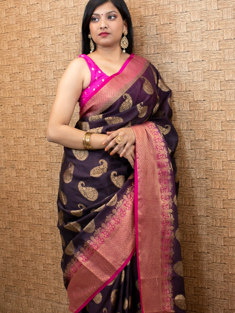 Banarasi Semi Silk Saree With Zari Paisley Weaving-Wine & Pink