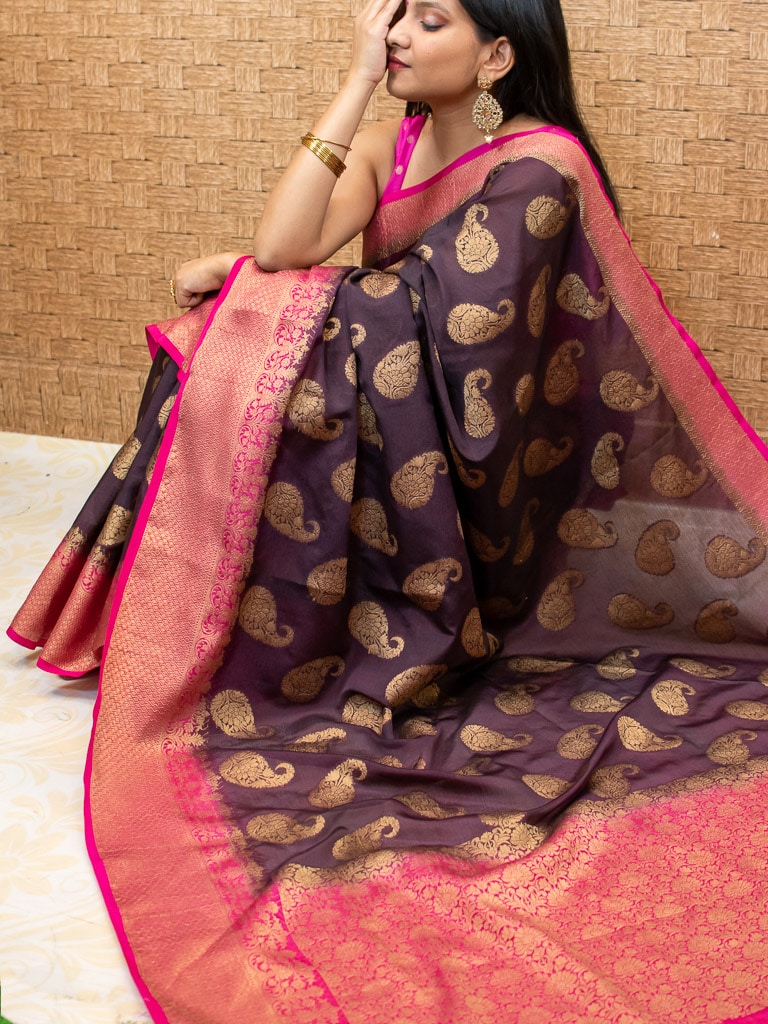 Banarasi Semi Silk Saree With Zari Paisley Weaving-Wine & Pink