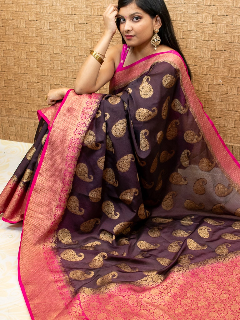 Banarasi Semi Silk Saree With Zari Paisley Weaving-Wine & Pink