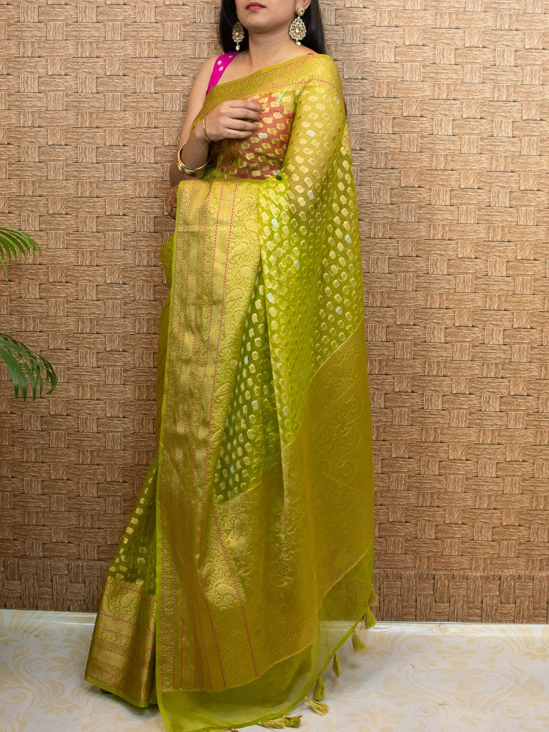 Banarasi Kora Saree With Silver Zari Buti Weaving-Green