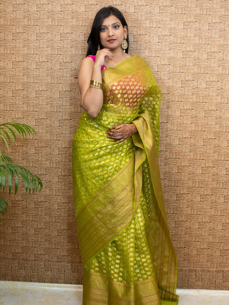 Banarasi Kora Saree With Silver Zari Buti Weaving-Green
