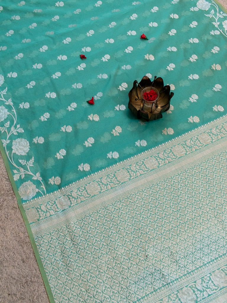 Banarasi Kora Saree With Silver Zari Buti Weaving & Floral Border-Blue