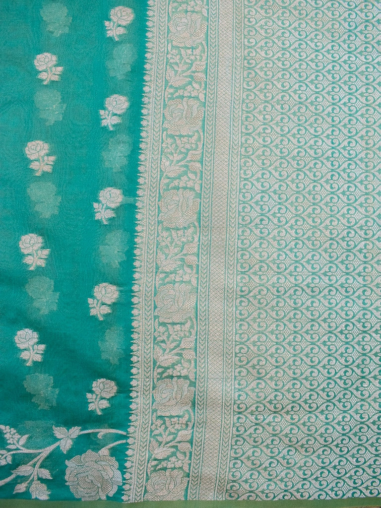 Banarasi Kora Saree With Silver Zari Buti Weaving & Floral Border-Blue