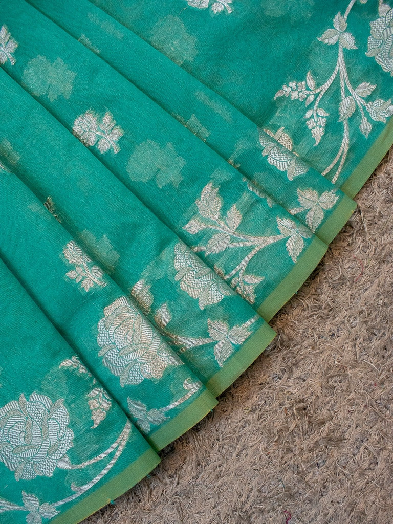 Banarasi Kora Saree With Silver Zari Buti Weaving & Floral Border-Blue