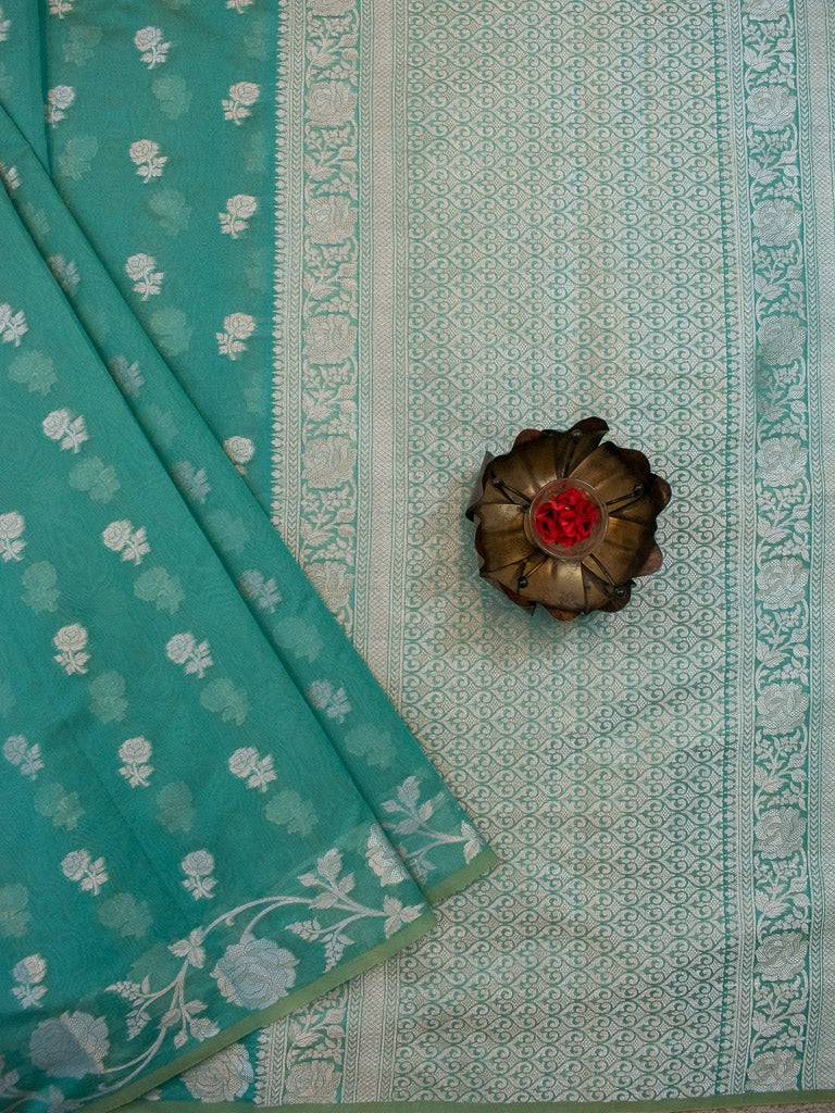 Banarasi Kora Saree With Silver Zari Buti Weaving & Floral Border-Blue