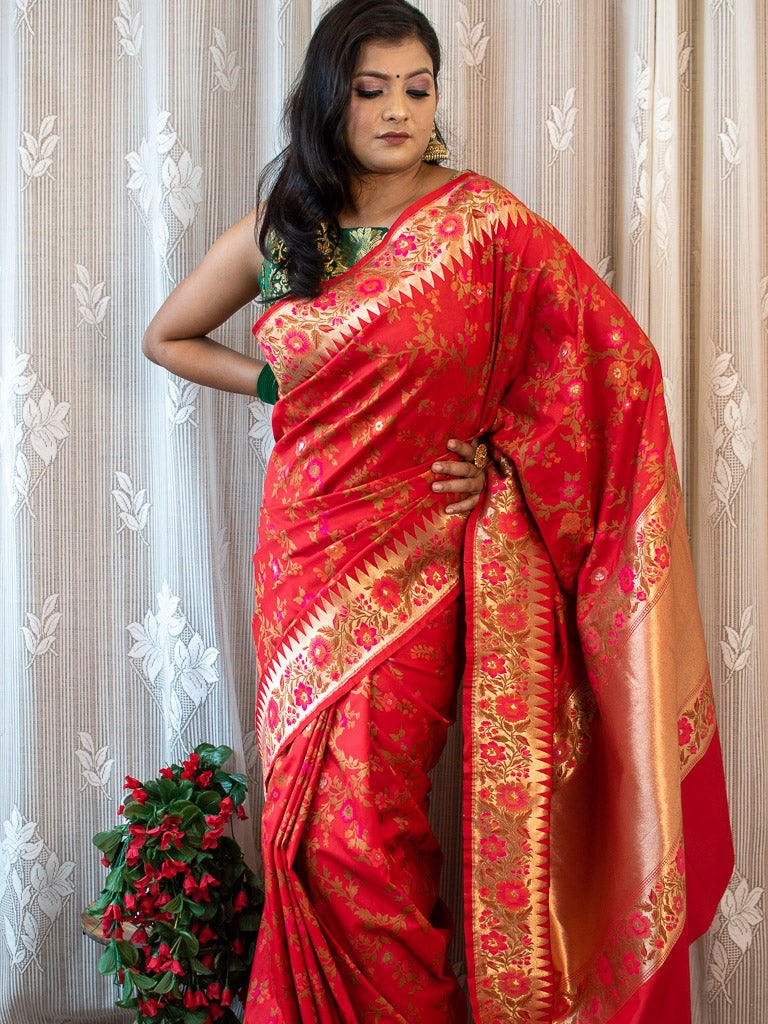 Banarasi Handloom Art Katan Silk Saree With Meena Jaal Weaving-Red