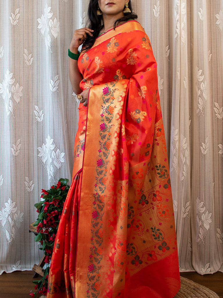 Banarasi Semi Silk Saree With Zari & Meena Weaving-Orange