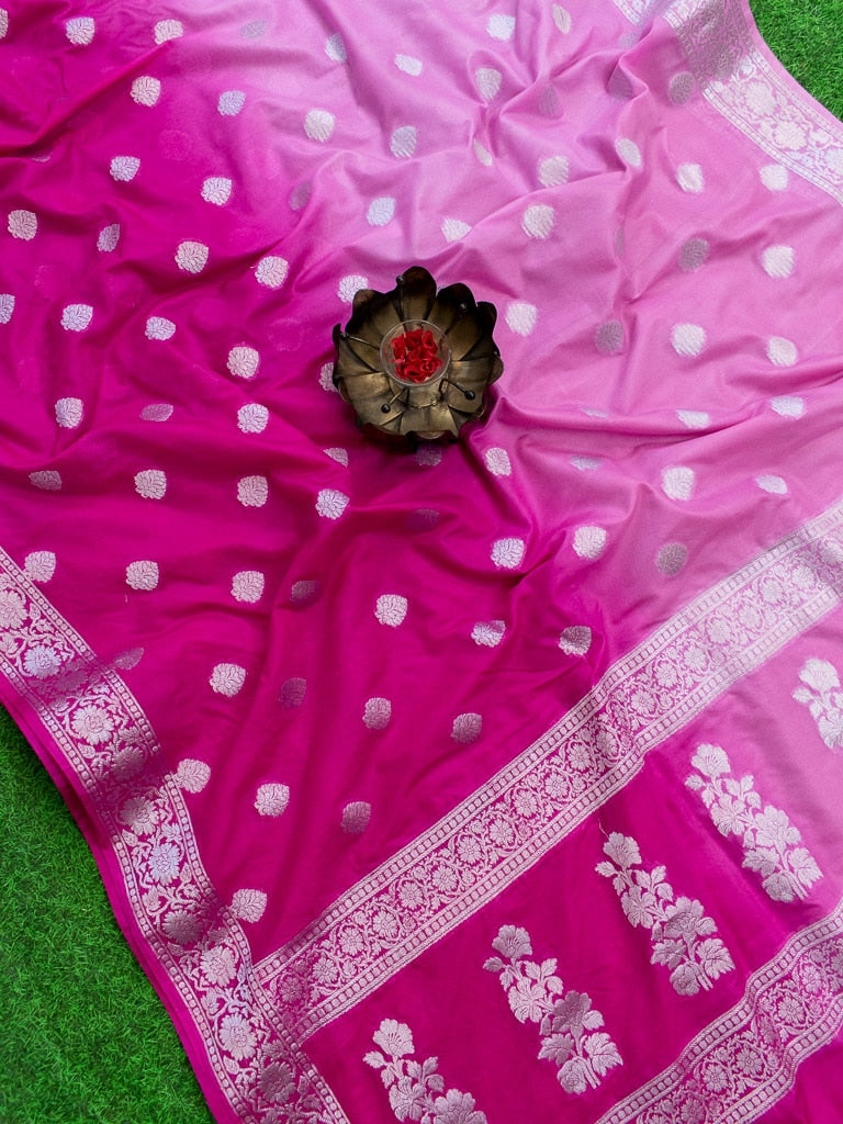Banarasi Dual Shade Semi Chiffon Saree Silver Zari Buti Weaving-Pink
