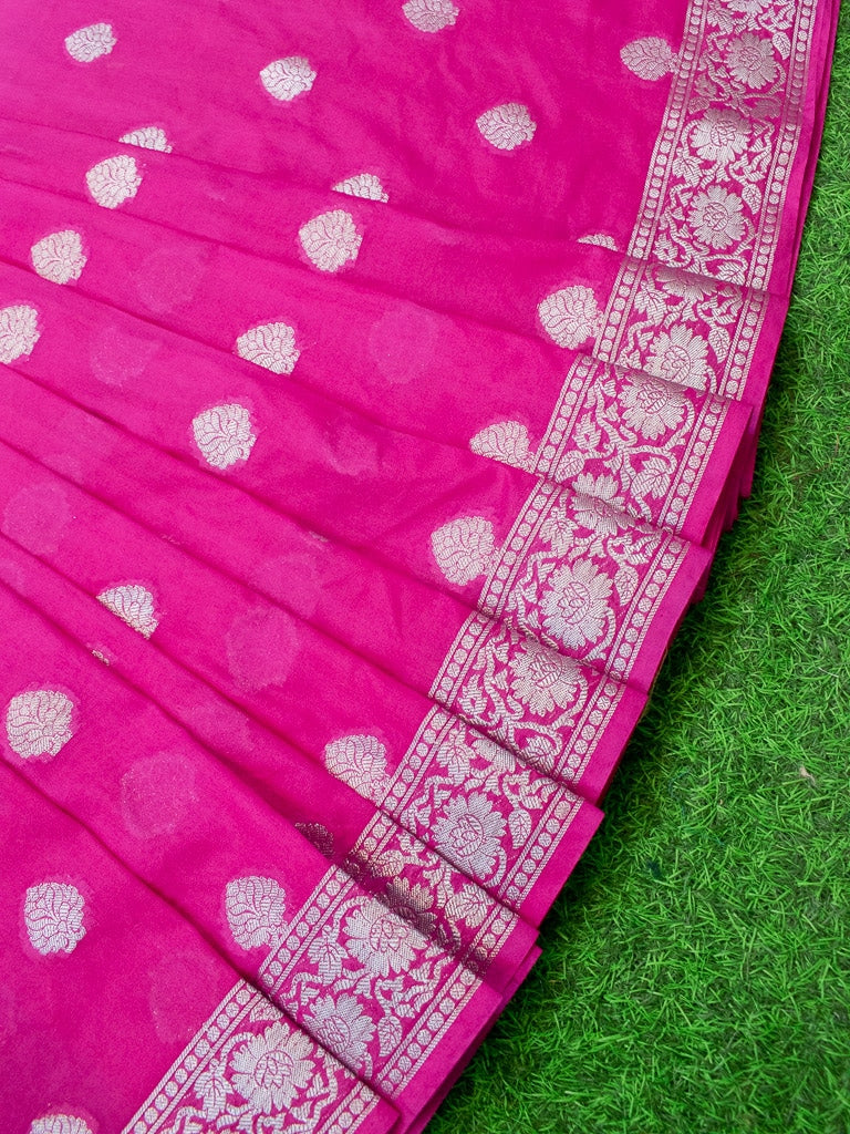 Banarasi Dual Shade Semi Chiffon Saree Silver Zari Buti Weaving-Pink
