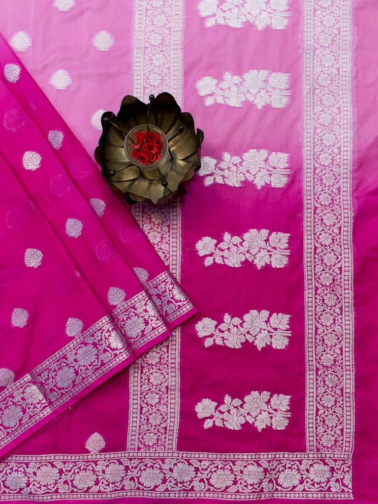 Banarasi Dual Shade Semi Chiffon Saree Silver Zari Buti Weaving-Pink