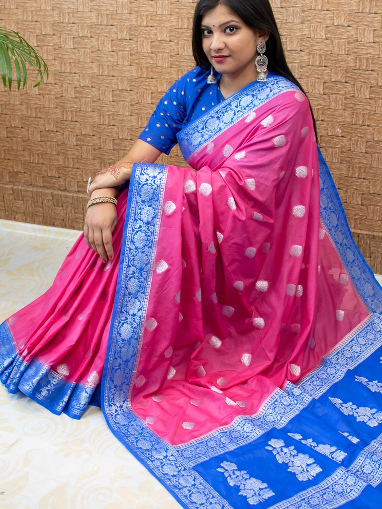 Banarasi Semi Chiffon Saree Silver Zari Buti Weaving & Contrast Border-Pink & Blue