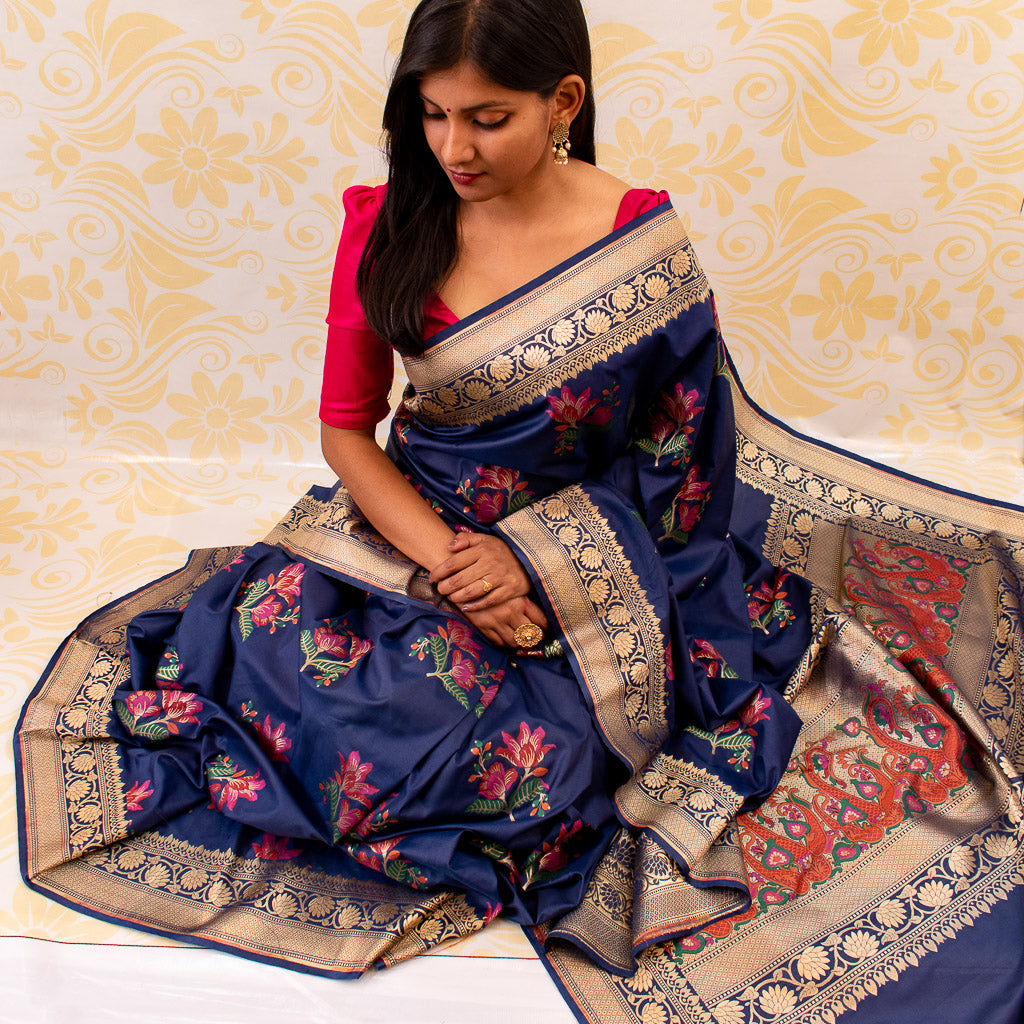 Banarasi Art Katan Silk Saree With Meena Buta Weaving-Navy Blue