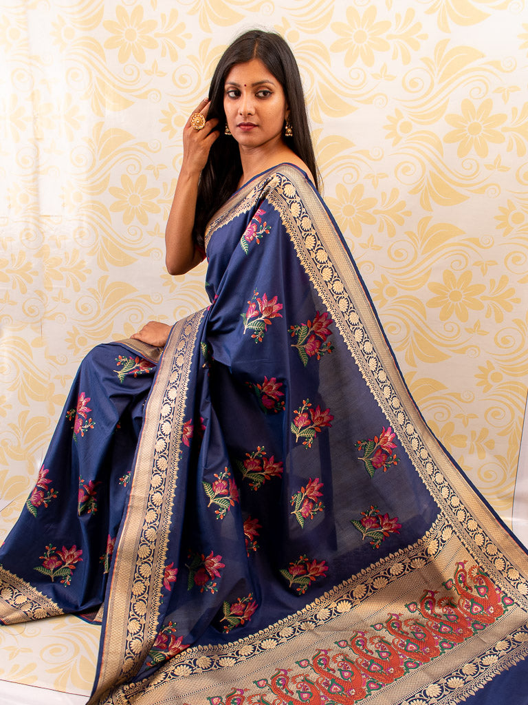 Banarasi Art Katan Silk Saree With Meena Buta Weaving-Navy Blue