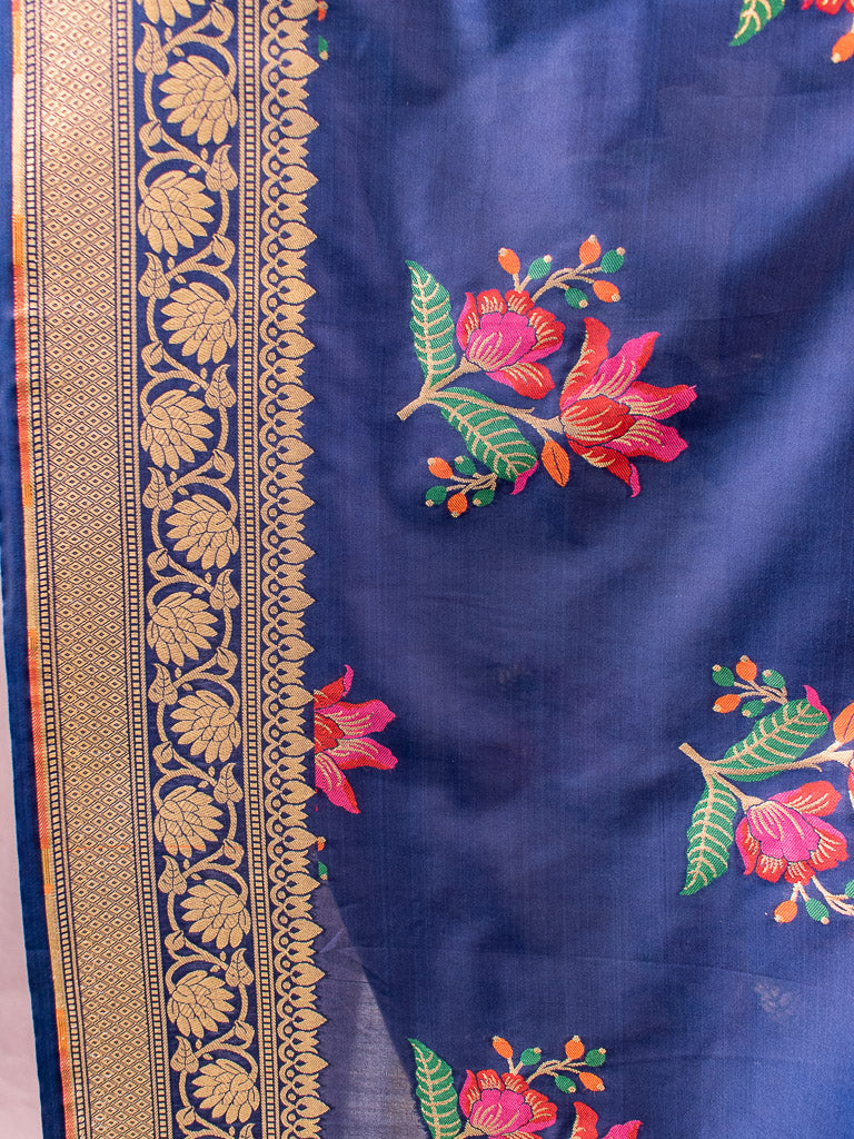 Banarasi Art Katan Silk Saree With Meena Buta Weaving-Navy Blue