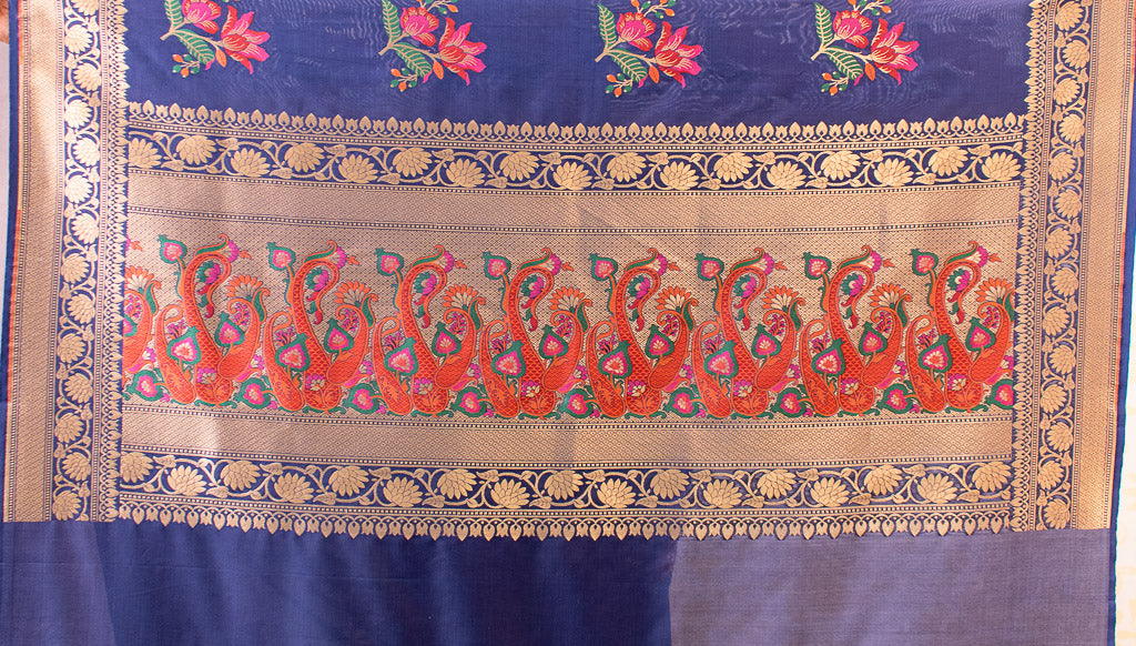 Banarasi Art Katan Silk Saree With Meena Buta Weaving-Navy Blue