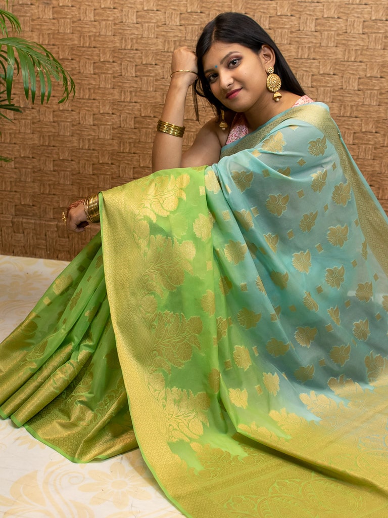 Banarasi Half & Half Semi Silk Saree With Silver Zari Paisley Weaving Saree-Green & Blue