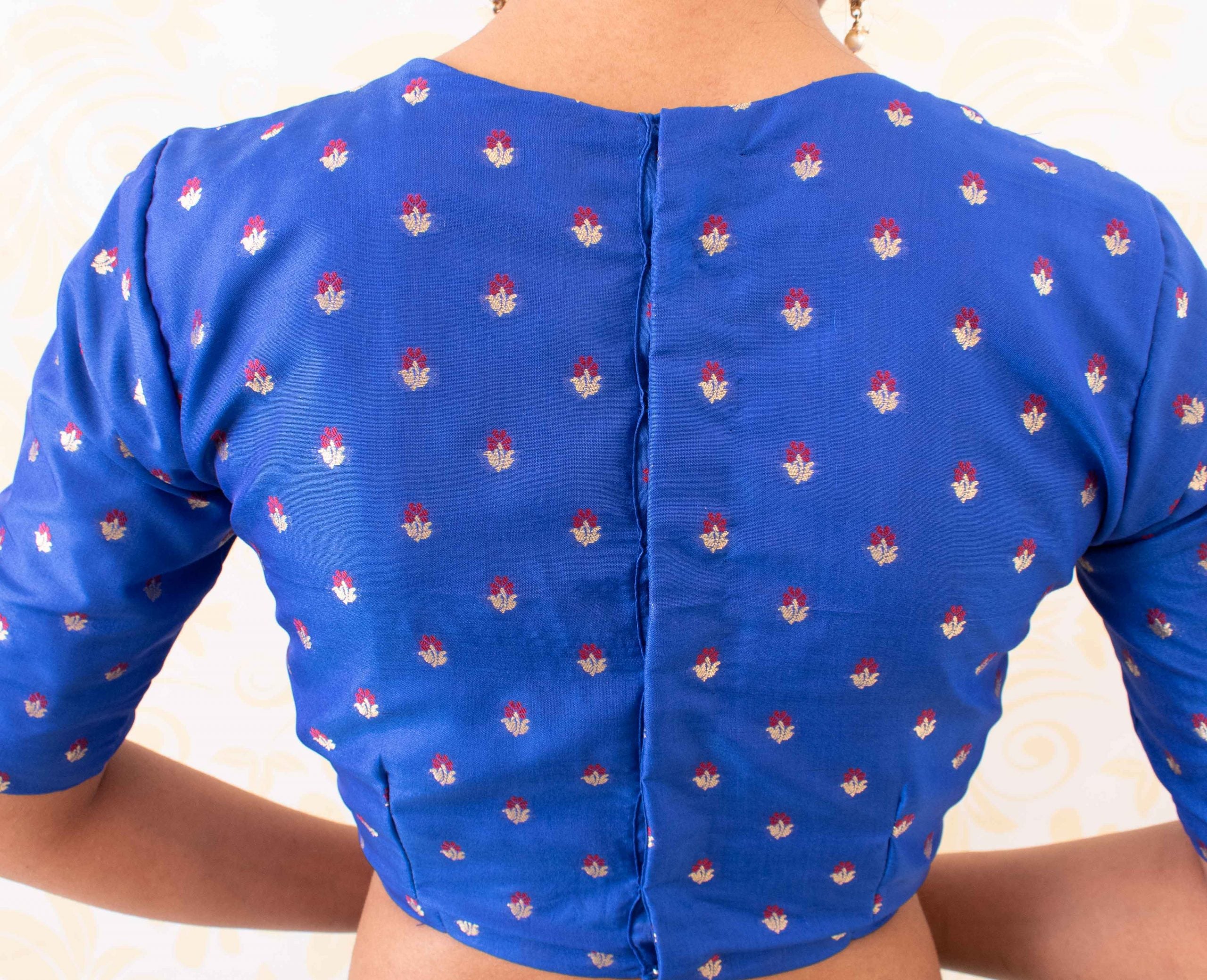 Banarasi  Round Necked Stitched Blouse With Sleeve-Royal Blue