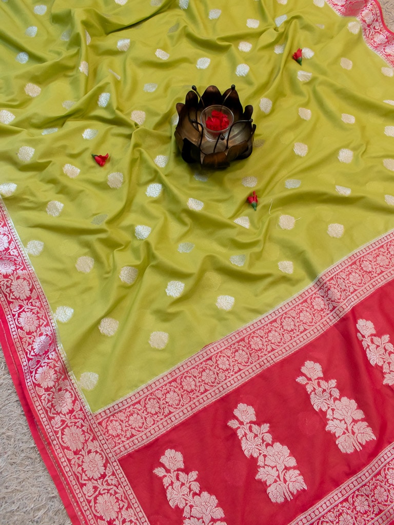 Banarasi Semi Chiffon Saree Silver Zari Buti Weaving & Contrast Border-Green & Pink