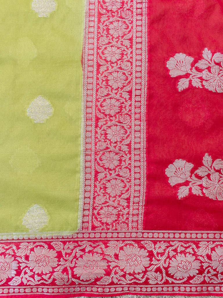 Banarasi Semi Chiffon Saree Silver Zari Buti Weaving & Contrast Border-Green & Pink