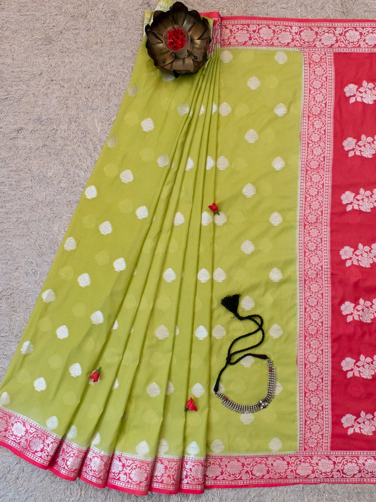 Banarasi Semi Chiffon Saree Silver Zari Buti Weaving & Contrast Border-Green & Pink
