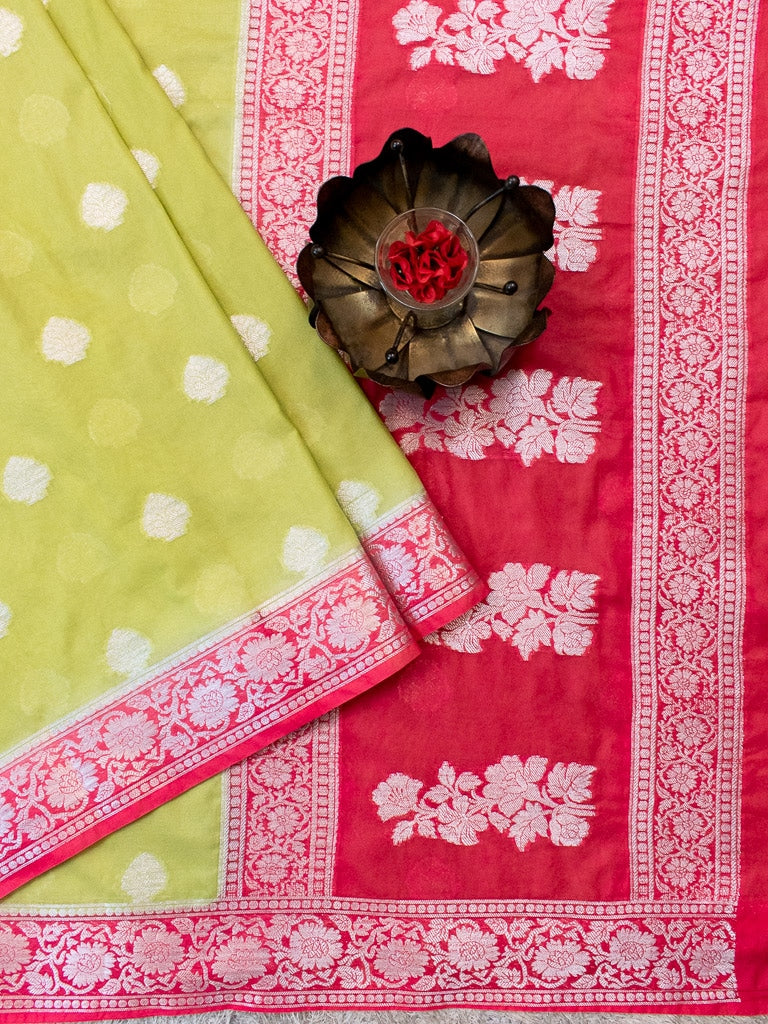 Banarasi Semi Chiffon Saree Silver Zari Buti Weaving & Contrast Border-Green & Pink