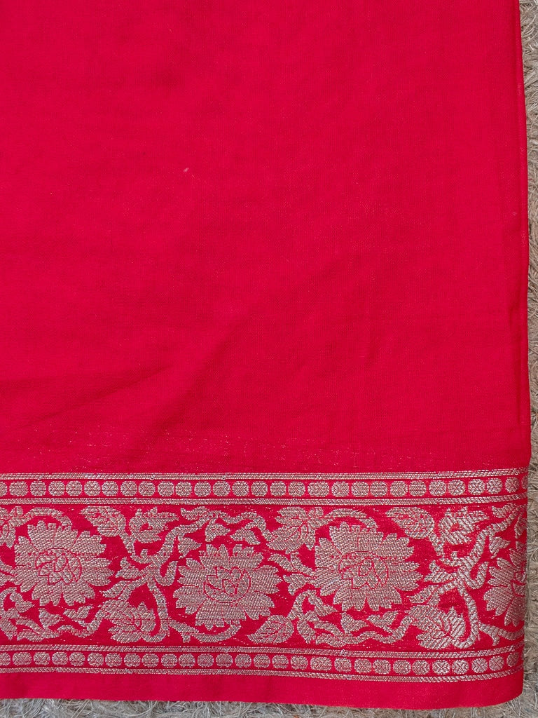 Banarasi Semi Chiffon Saree Silver Zari Buti Weaving & Contrast Border-Green & Pink