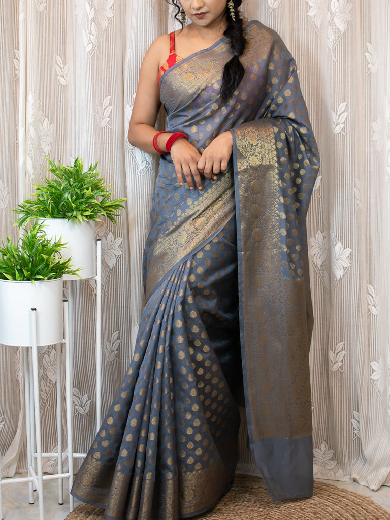 Banarasi Soft Cotton Silk Saree Antique Zari Weaving-Grey
