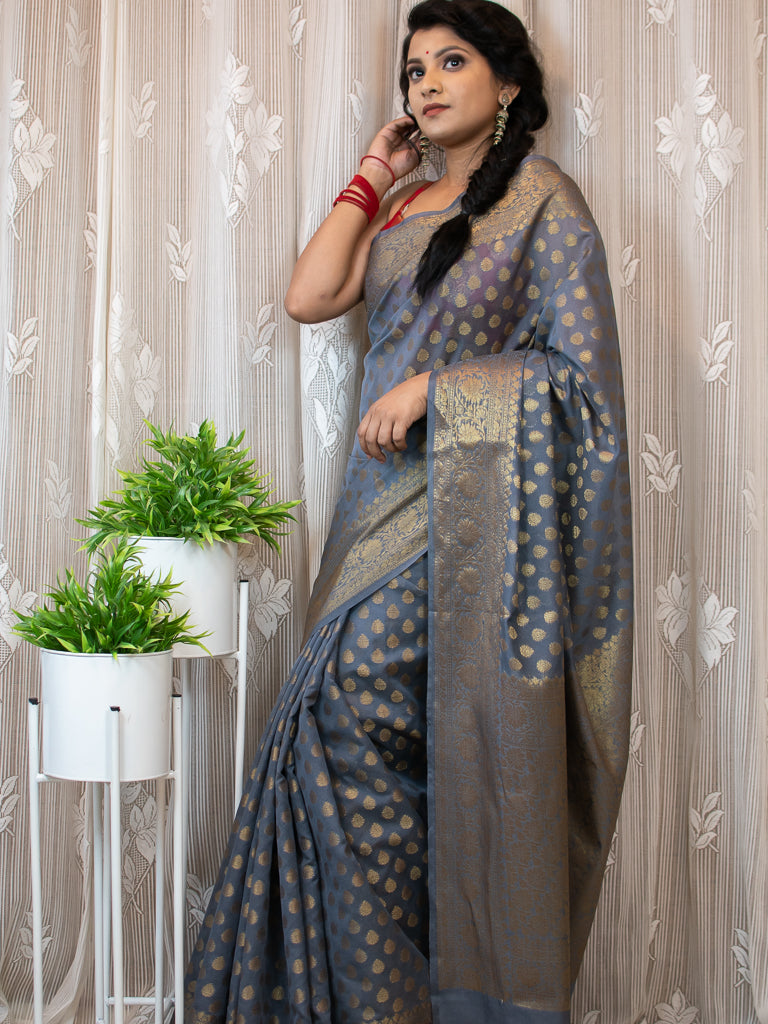 Banarasi Soft Cotton Silk Saree Antique Zari Weaving-Grey