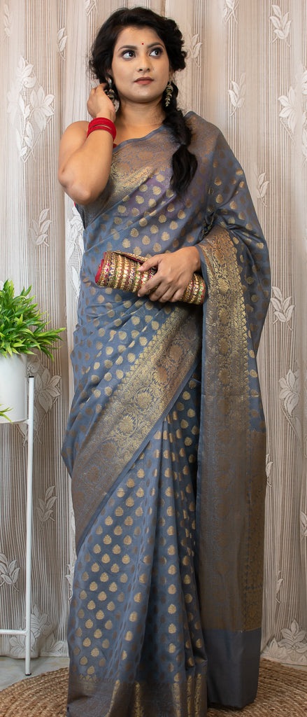 Banarasi Soft Cotton Silk Saree Antique Zari Weaving-Grey