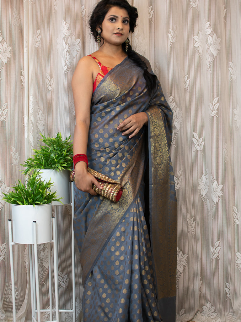 Banarasi Soft Cotton Silk Saree Antique Zari Weaving-Grey