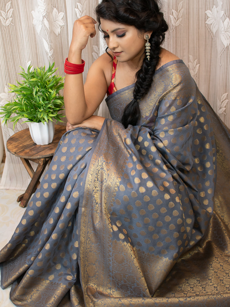 Banarasi Soft Cotton Silk Saree Antique Zari Weaving-Grey