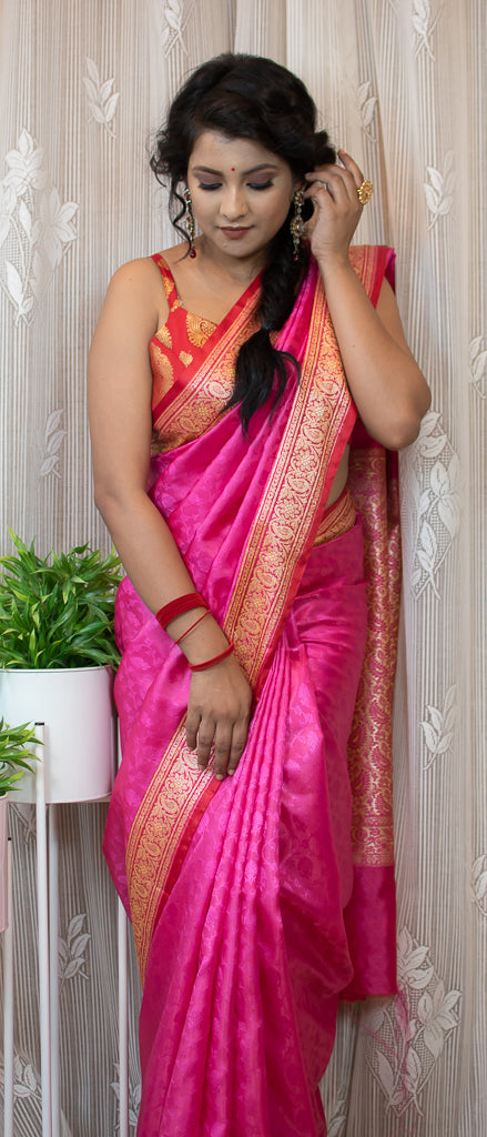 Banarasi Dual Tone Semi Silk Saree With Resham Weaving-Pink