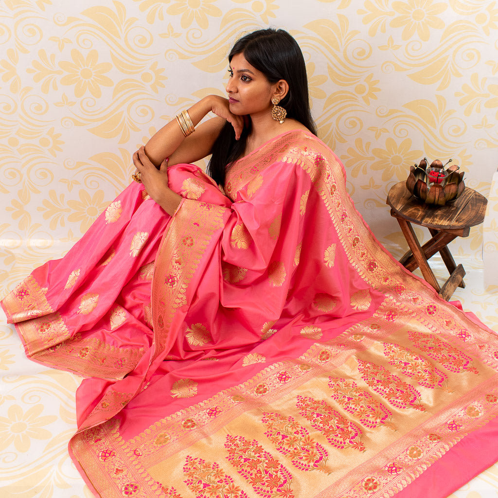 Banarasi Dual Shade Art Katan Silk Saree With Meena Buta Weaving-Pink