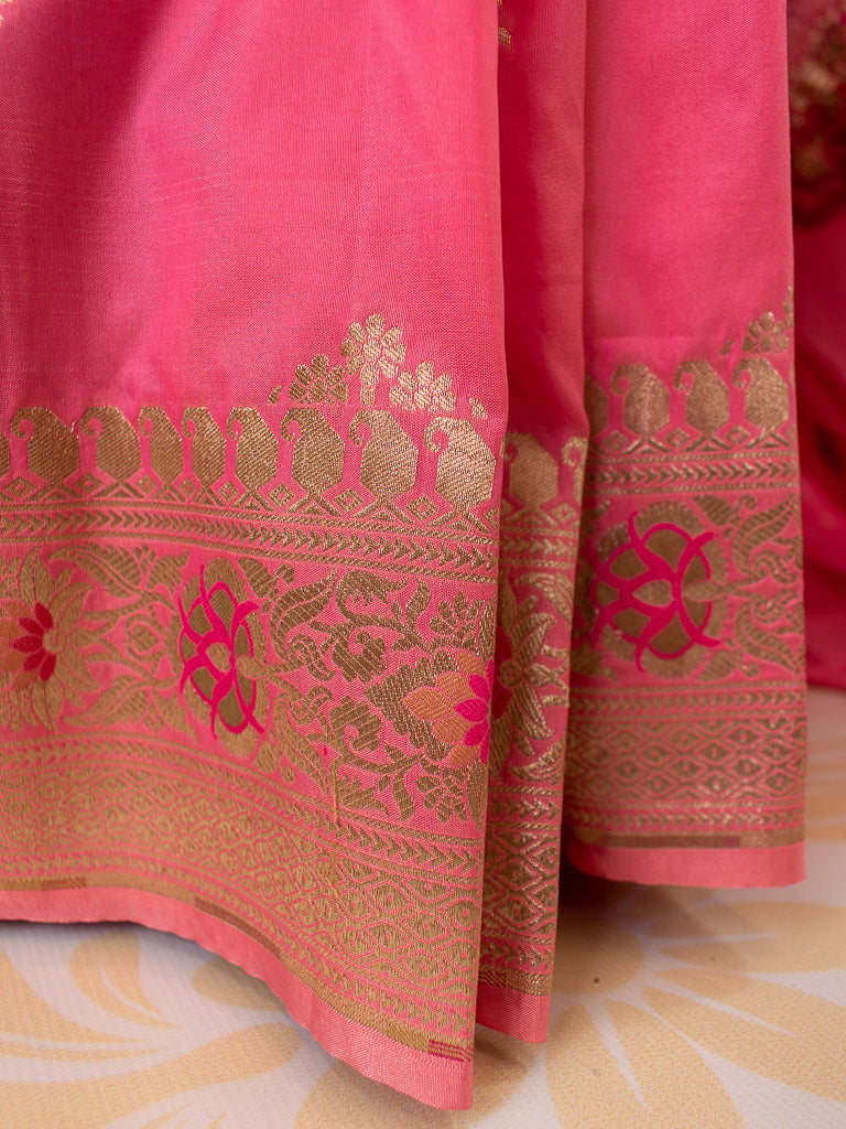 Banarasi Dual Shade Art Katan Silk Saree With Meena Buta Weaving-Pink
