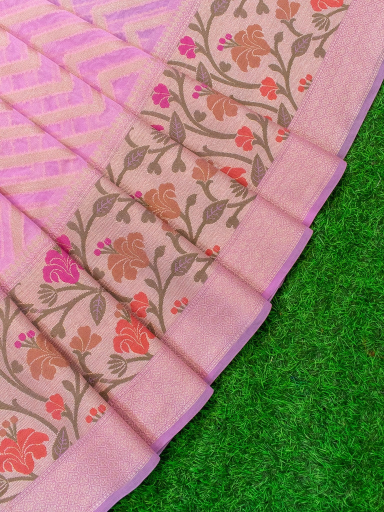 Banarasi Semi Chiffon Saree Zari Aada Weaving & Meena Border-Baby Pink