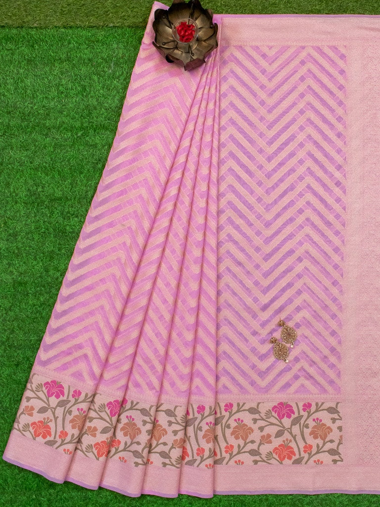 Banarasi Semi Chiffon Saree Zari Aada Weaving & Meena Border-Baby Pink