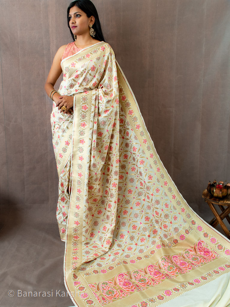 Banarasi Art Katan Silk Saree With Meena Jaal Weaving-Ivory White