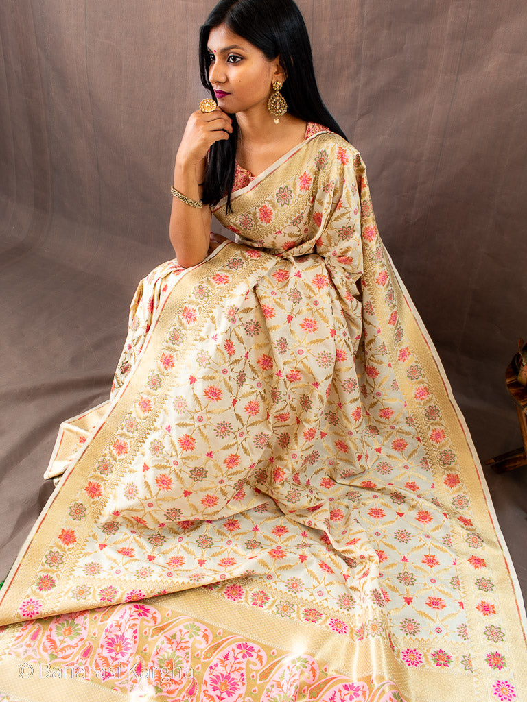 Banarasi Art Katan Silk Saree With Meena Jaal Weaving-Ivory White