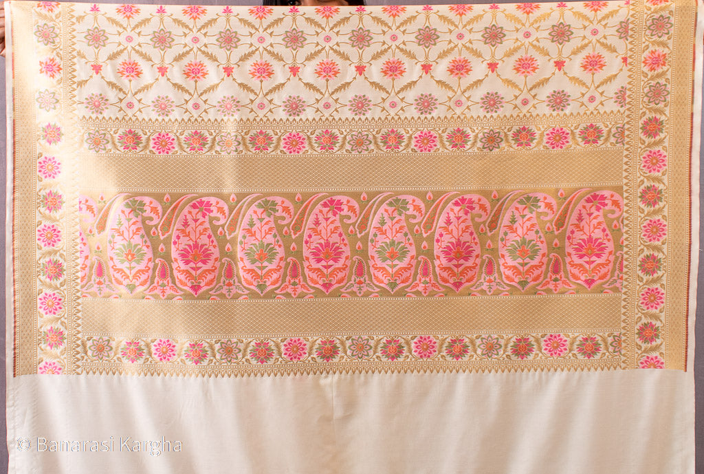 Banarasi Art Katan Silk Saree With Meena Jaal Weaving-Ivory White