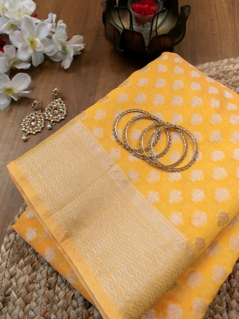Banarasi Cotton Silk Saree With Small Buti Weaving-Yellow
