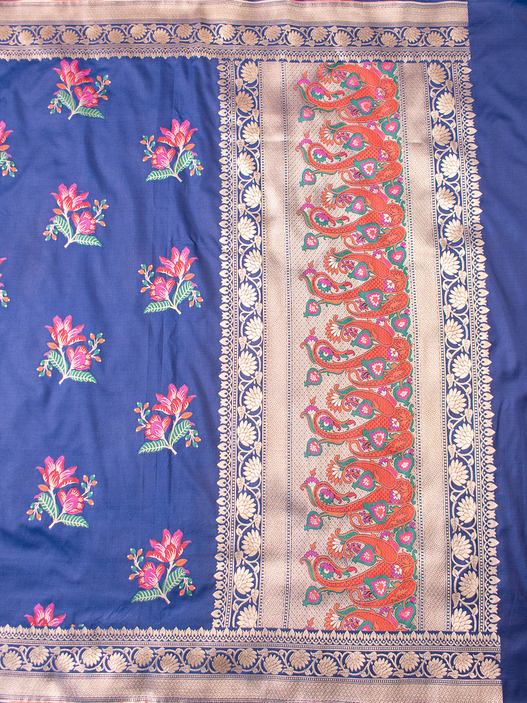 Banarasi Art Katan Silk Saree With Meena Buta Weaving-Navy Blue