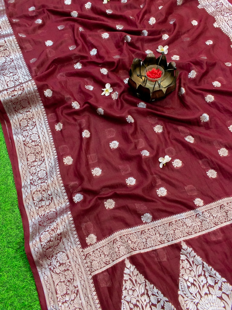 Banarasi Semi Chiffon Saree Silver Zari Buti Weaving-Wine