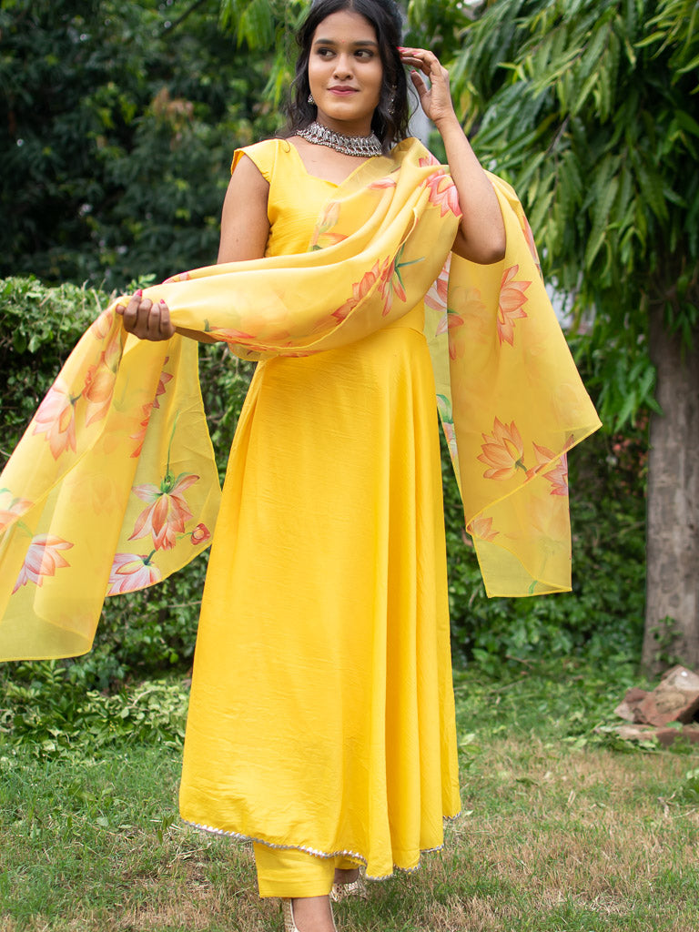 Readymade Plain Cotton Anarkali Set With Organza Dupatta