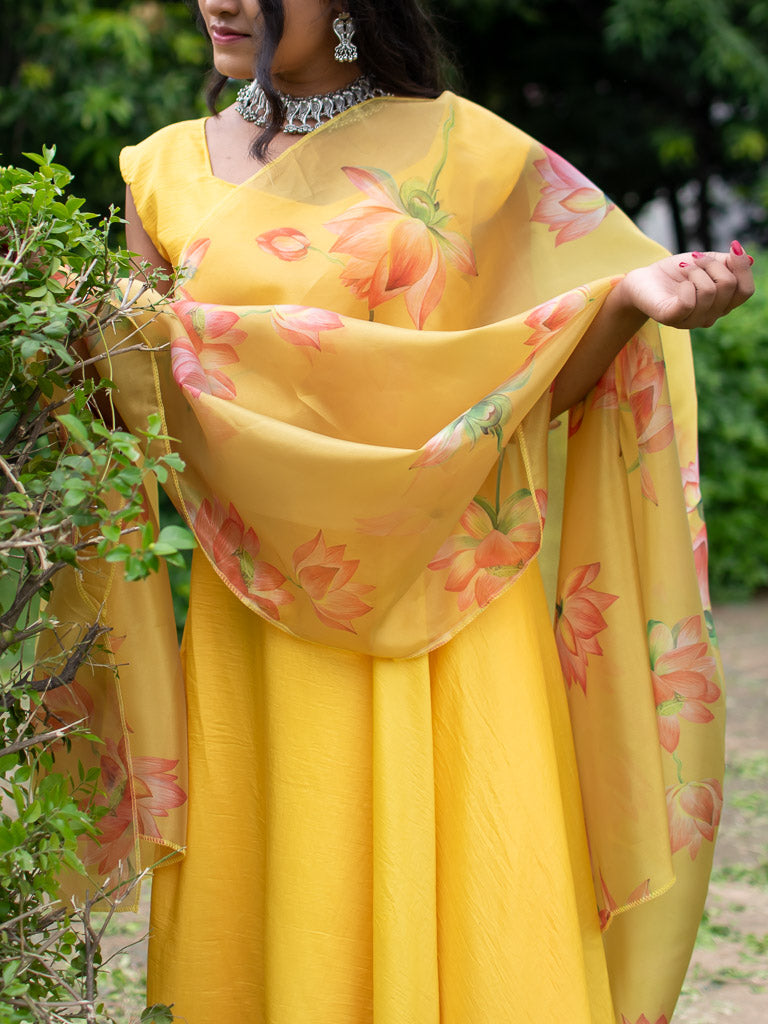 Readymade Plain Cotton Anarkali Set With Organza Dupatta